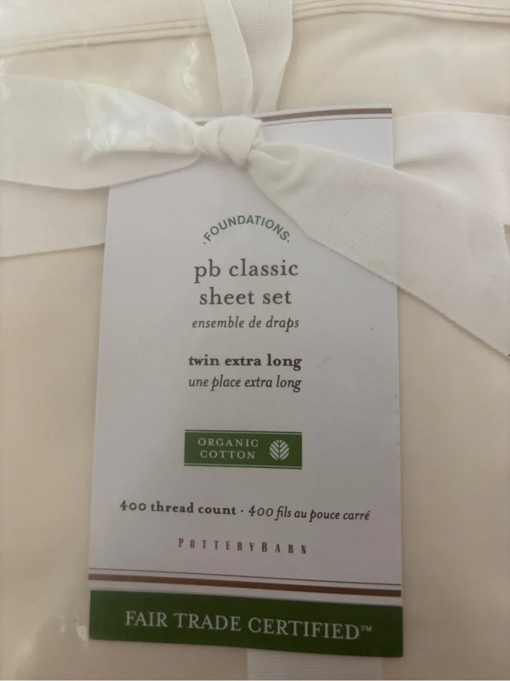 NEW Pottery Barn PB Classic Organic Cotton Sheet Set Ivory Twin XL 400 thread